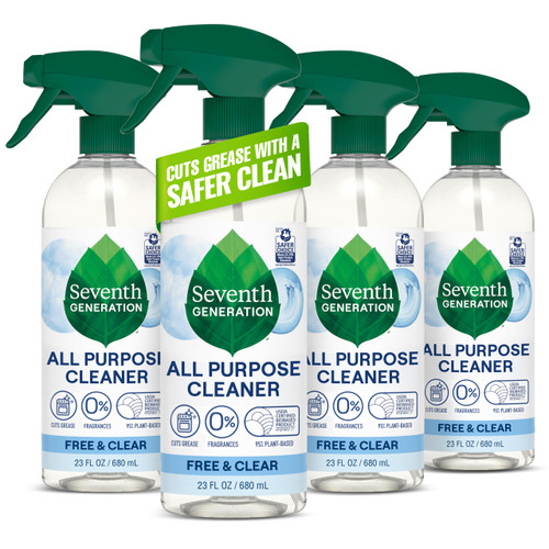 Seventh Generation All Purpose Cleaner, Free & Clear, 23 oz, Pack of 4, Plant-Based Cleaning Spray, Cuts Grease & Grime, No Fragrance or VOCs, Safe for Kids & Pets, Works on Glass, Sealed Wood & More
