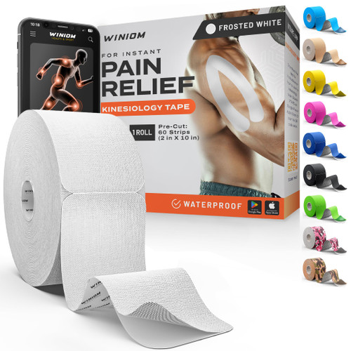Kinesiology Tape - Waterproof Athletic Sports Tape for Knee, Shoulder, Arm & Back Support | 3-5 Day Adhesion, Hypoallergenic & Latex-Free + Taping Guide (Precut, 2"x50ft Roll, Frosted White)