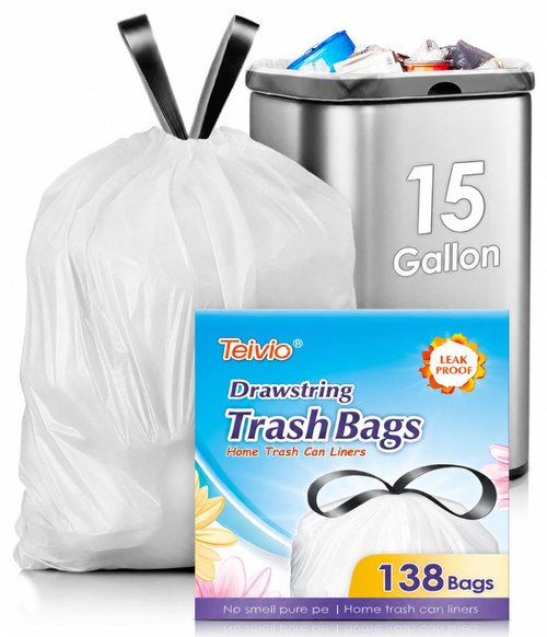 15 Gallon 138 Counts Strong Drawstring Trash Bags Garbage Bags by Teivio, Bathroom Trash Can Bin Liners, Plastic Bags for home office kitchen, White