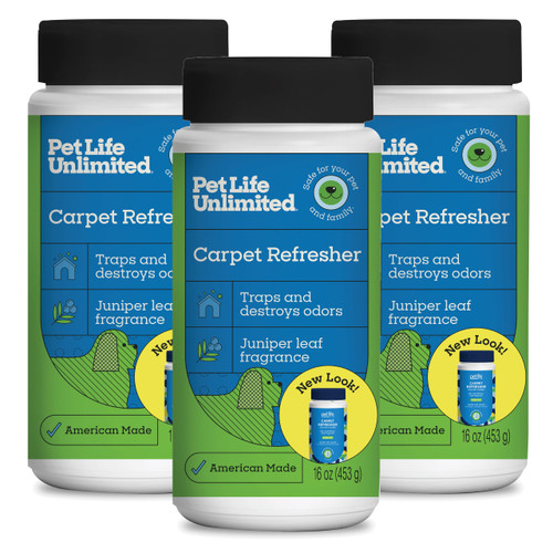 Pet Life Unlimited Carpet Deodorizer Powder, 16 oz, Strong Pet Odor Eliminator & Carpet Freshener, Plant-Based Juniper Leaf Scent, Pet Safe (Pack of 3)