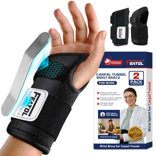FEATOL 2 Pack Carpal Tunnel Wrist Brace For Work With Wrist Splint, 6.5'' Hand Brace Night Support For Women Men, Pain Relief For Tendonitis, Arthritis, Pregnancy, Typing, Right and Left Hand, Small