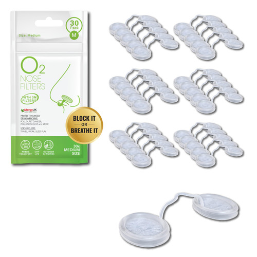O2 Nose Filters with 3M Filtration - Nasal Screens for Allergies, Dust & Smoke - Drug-Free & Latex-Free Nose Filters - Invisible Allergy Protection (Medium x 30)