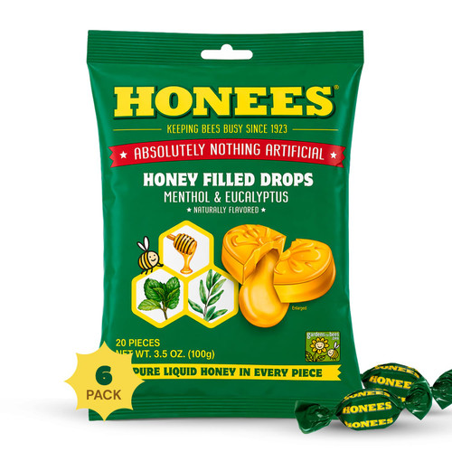 Honees Filled Menthol Cough Drops, Honey, Menthol & Eucalyptus Cough Drops- Natural Sore Throat Relief - Nothing Artificial -Throat Lozenges, Non-GMO (6 Pack - 120 Drops)