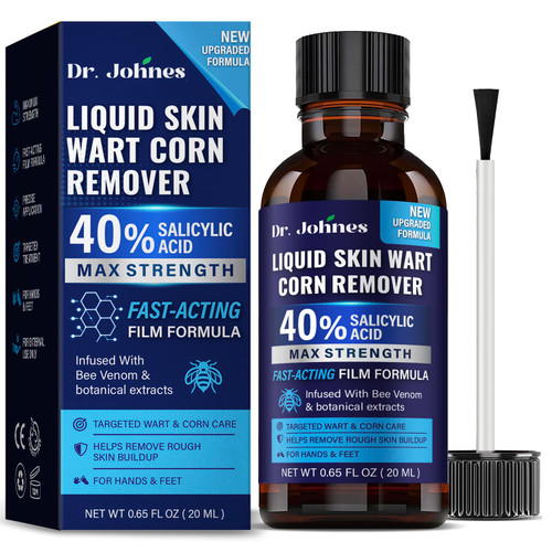 Dr.Johnes Fast-Acting Wart Remover Liquid: 40% Salicylic Acid Maximum Strength Plantar Wart and Corn Remover with Bee Venom for Hands, Feet and Toes