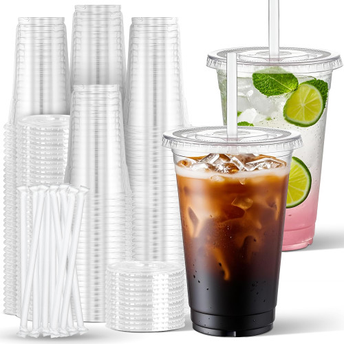 Charmount 24 oz Clear Plastic Cups with Lids and Straws