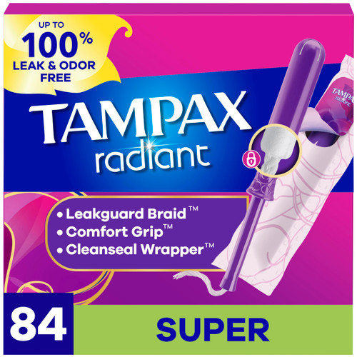Tampax Radiant Tampons for Women, with LeakGuard Braid, Super Absorbency, Unscented, 84 Count (3 Packs of 28), Packaging May Vary