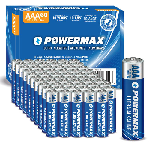 Powermax 60-Count Triple AAA Batteries, Ultra Long Lasting Alkaline Battery for Home and Office, 10-Year Shelf Life, Reclosable Packaging