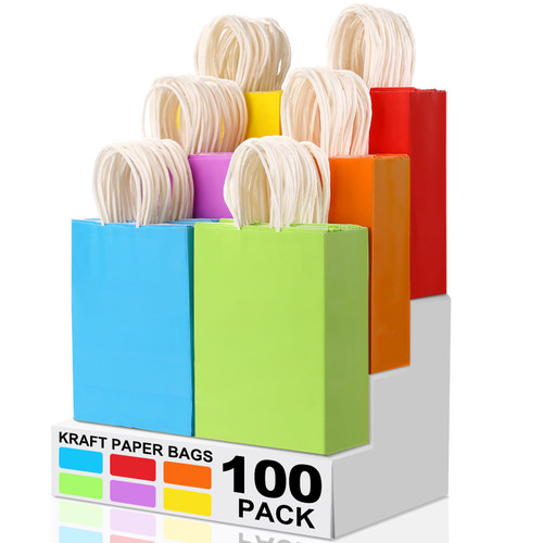 XPCARE 100Pcs Paper Gift Bags 6.3x3.15x8.66'' Kraft Paper Party Favor Bags