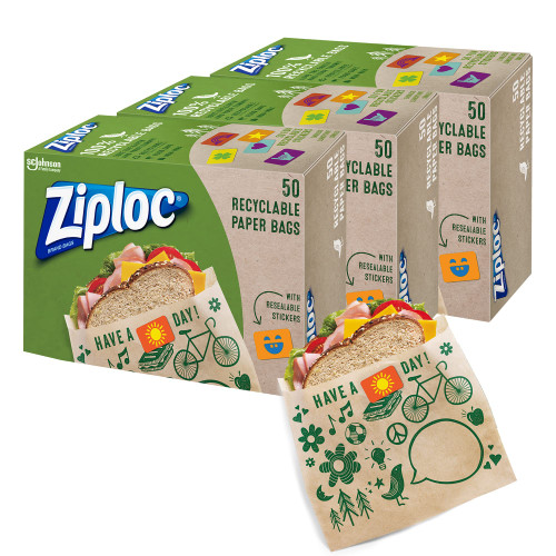 Ziploc Paper Sandwich and Snack Bags, Recyclable & Sealable with Fun Designs, 150 Bags Total