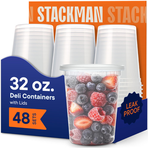 Stack Man 32 oz Deli Containers with Lids (48 Sets) – Quart Clear Plastic Food Storage Containers, Airtight Leak-Resistant Seal, BPA-Free, Microwave & Freezer Safe, Meal Prep Soup Takeout to-Go