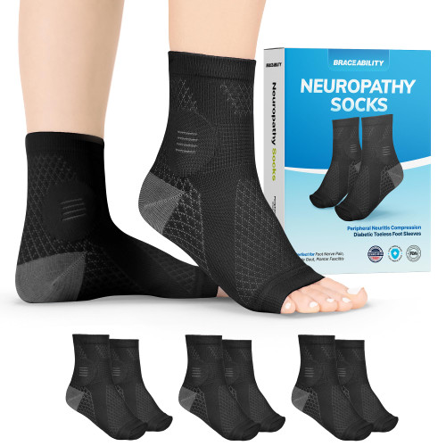 BraceAbility Neuropathy Socks (3 Pairs) - Multipack Peripheral Compression Diabetic Toeless Foot Sleeves for Nerve Damage in Feet, Ankle Gout, Plantar Fasciitis Relief for Men and Women (S - Black)