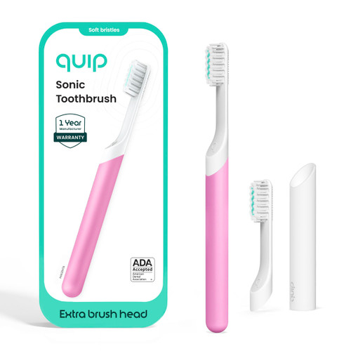 Quip Sonic Toothbrush for Adults with Timer - Includes Extra Brush Head and Travel Cover Mount - Electric, Soft Bristle Refill Head, Plastic Handle, 3 Month Battery Life - Travel Toothbrush - Magenta
