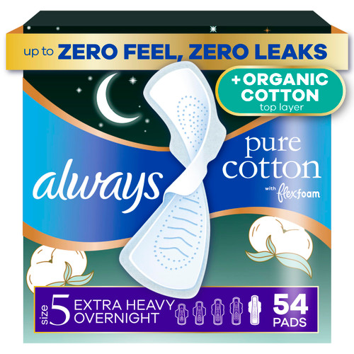 Always Pure Cotton, organic cotton top layer pads for women with wings, feminine care, period menstrual sanitary postpartum, toallas sanitarias para mujer, Size 5 Extra Heavy Overnight Unscented, 54ct