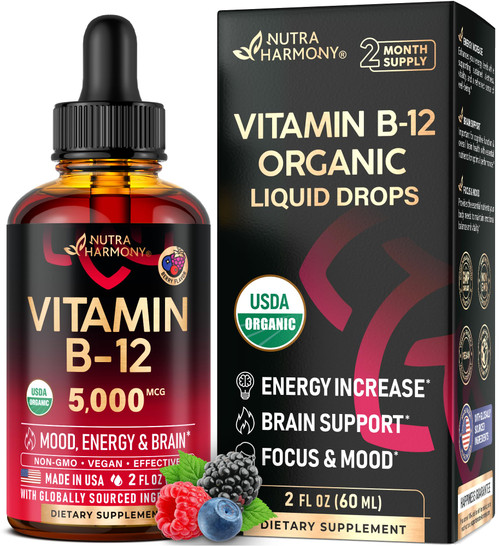USDA Organic Vitamin B12 Sublingual Drops - Methylcobalamin 5000 mcg - 2 Oz