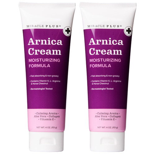 Miracle Plus Arnica Cream Bruise Relief Lotion For Bruising | Arnica Montana Extra Strength Vitamin K Cream | Moisturizing Formula Skin Care Gel With Horse Chestnut, 4 Fl Oz, 2-Pack