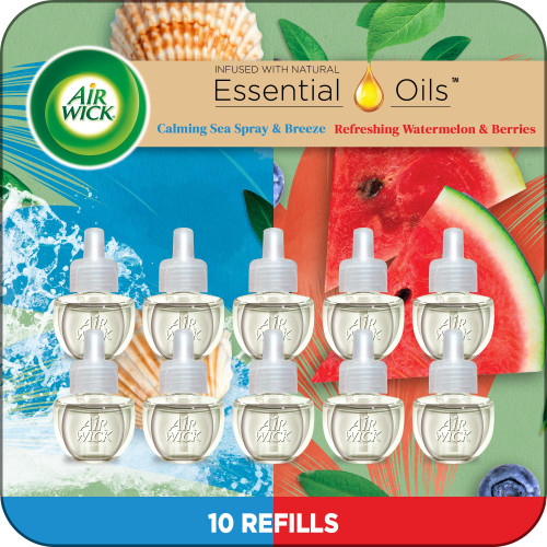 Air Wick Plug-In Scented Oil Refills, 10 Count, Calming Sea Spray & Fresh Watermelon, Air Freshener, Essential Oils, Eco Friendly