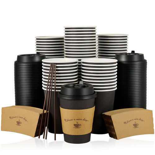 LITOPAK 100 Pack 12 oz Coffee Cups with Lids, Disposable Coffee Cups