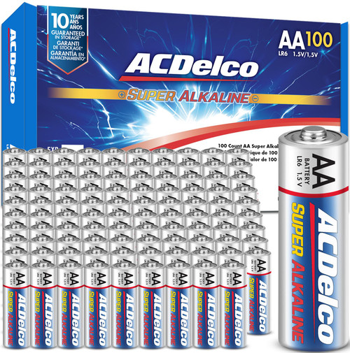 ACDelco 100-Count AA Batteries, Maximum Power Super Alkaline Battery, 10-Year Shelf Life, Recloseable Packaging