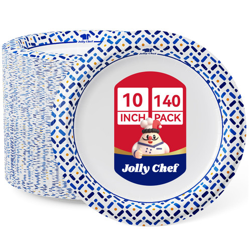 JOLLY CHEF 10 Inch Paper Plates 140 Count, Soak-Proof, Cut Proof, Disposable Heavy Duty Plates for Picnic, Family Gatherings, Parties