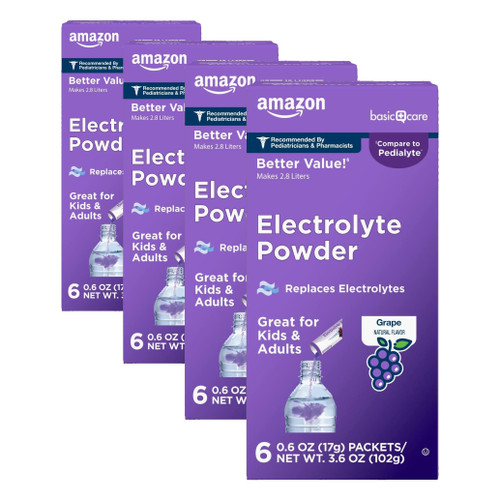 Amazon Basic Care Electrolyte Powder Packets for Rehydration for Kids & Adults, Grape Flavor, 6 Count (Pack of 4)