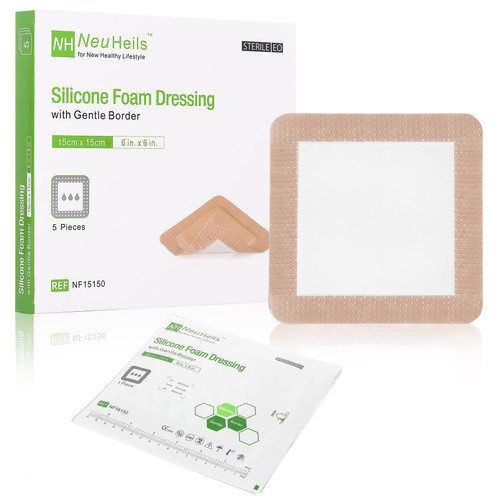 NeuHeils Silicone Foam Dressing with Border 6"x6", 5 Pack for Bed Sores