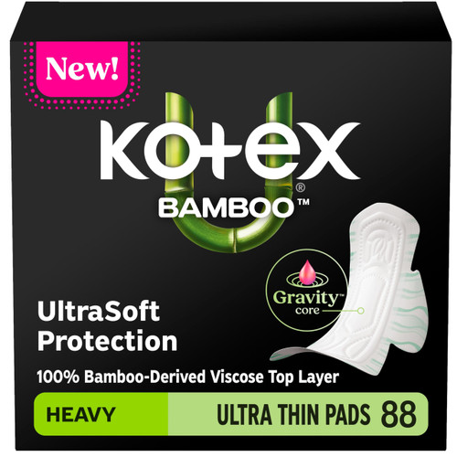Kotex Bamboo Ultra Thin Pads, Wings, Heavy, 88 Count, 2 Packs of 44