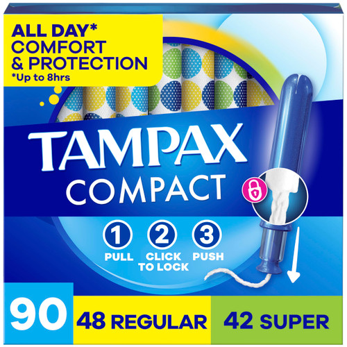 Tampax Compact Pearl Tampons Multipack, LeakGuard Braid & Extendable Applicator, Regular/Super, 90 Ct