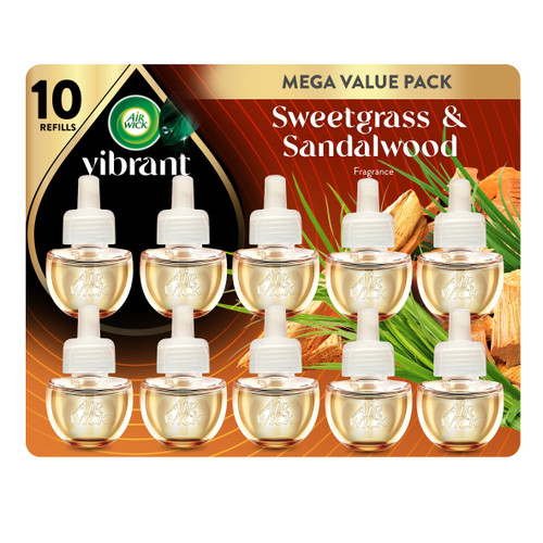 Air Wick Vibrant Plug-In Scented Oil Refills, 10 Count, Sweetgrass & Sandalwood, Air Freshener, Essential Oils, Eco Friendly