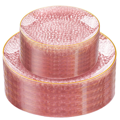 Rubtlamp 60Pcs Pink Plastic Plates,Clear Pink Plates With Gold Rim,Hammered Gold Plates Include 30Pink Plastic Dessert Platos, 30Gold Dinner Platos For Party