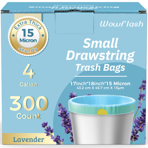 300 Count 15 Micron Extra Thick 4 Gallon Drawstring Small Trash Bags