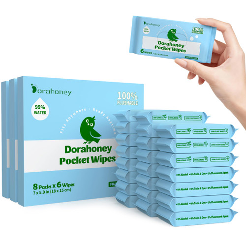 Dorahoney Flushable Wipes Travel Size, 99% Water Mini Wet Wipes for Sensitive Skin, Hypoallergenic & Unscented On The Go Pocket Wipes, 144 Count (24 Packs of 6)