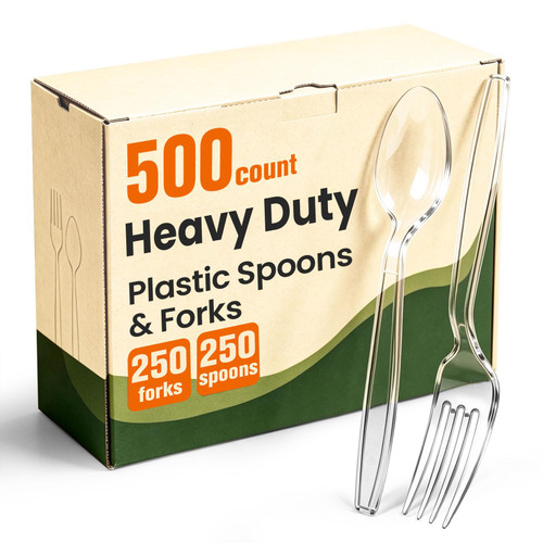500 Count Plastic Silverware Heavy Duty, 250 Spoons & 250 Forks, BPA-Free