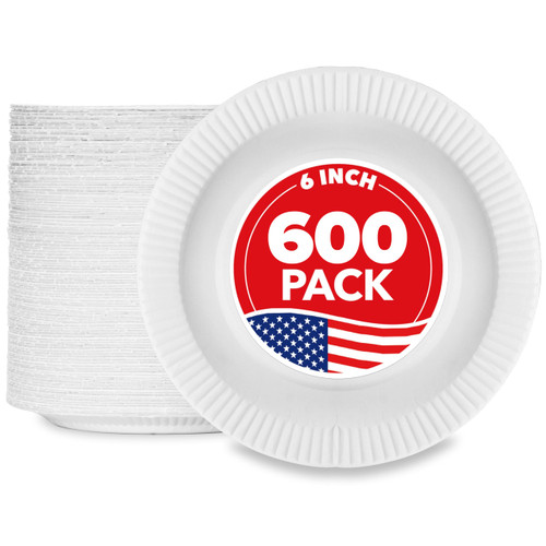 Stock Your Home 6-Inch Paper Plates Uncoated, Everyday Disposable Plates 6" Paper Plate Bulk, White, 600 Count