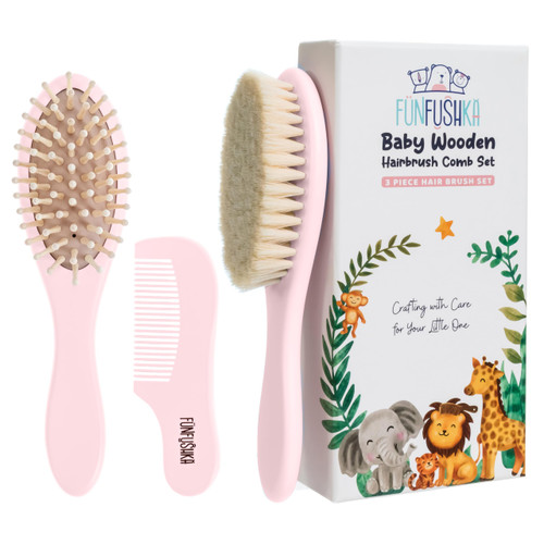FUNFUSHKA Baby Hair Brush Set for Newborns - Baby Brush and Comb Set - Ultra Soft Goat Hair Bristles, Perfect for Cradle Cap, Newborn Showers & Registries Gift, Comb Brush for Girls & Boys (Rosa)
