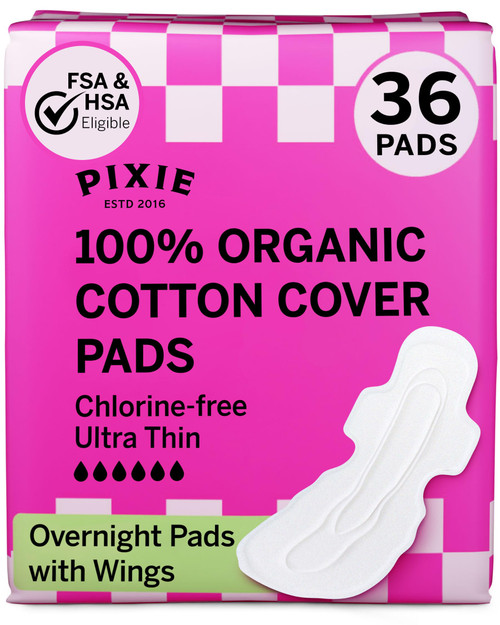 Pixie Organic Pads Cotton Ultra Thin Overnight for Women - Extra Heavy Absorbency with Wings - Leak-Proof, Hypoallergenic & Unscented - Compostable, Biodegradable - FSA Eligible - 36 Count