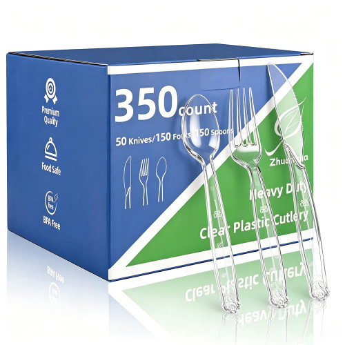 350pc Heavy Duty ​Plastic Silverware Set: 150 Forks/150 Spoons/50 Knives