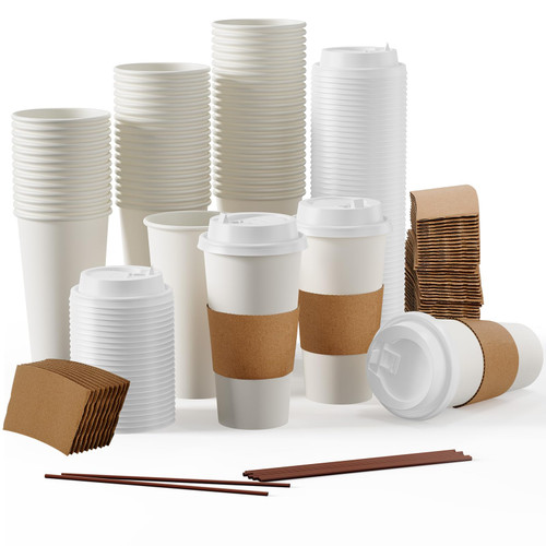 JOLLY PARTY 50 Pack 20 oz Disposable Paper Coffee Cups with Lids & Sleeves