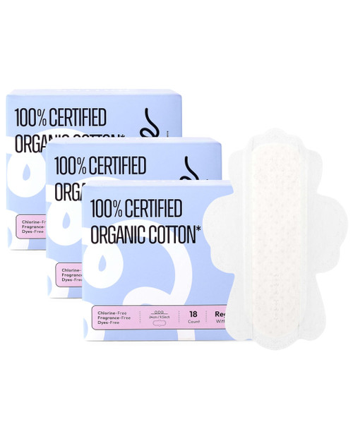 RPE Life 100% GOTS Organic Cotton Menstrual Pads with Wings, 54 Count