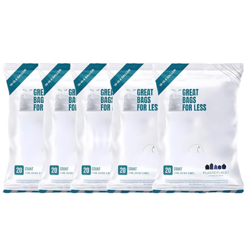 Plasticplace Custom Fit Trash Bags, Compatible with simplehuman Code J Packs, White Drawstring Garbage Liners 10-10.5 Gallon, 21'' x 28'' (20 Count/5 Pack)
