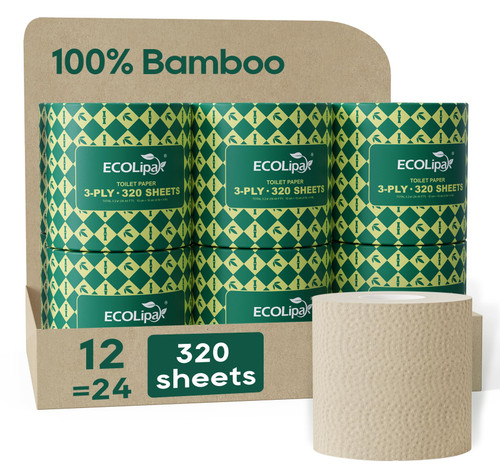 ECOLipak Bamboo Toilet Paper 3 Ply, Septic Safe Toilet Tissue, 12 Double Rolls, 320 Sheets Per Roll, Tree Free, Non Toxic, Soft and Absorbent, Eco Friendly Dye-Free Paper, Brown