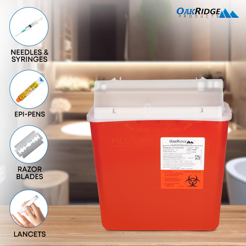 Oakridge Products Sharps Container for Home Use and Professional 5 Quart (5-Pack), Biohazard Needle and Syringe Disposal, Mailbox Style Lid, CDC Certified