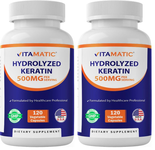 Vitamatic Hydrolyzed Keratin 500mg per Serving - 120 Vegetarian Capsules - Keratin Supplements for Healthy Hair Skin & Nails for Adults (Pack of 2)