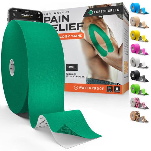 Kinesiology Tape - Waterproof Athletic Sports Tape for Knee, Shoulder, Arm & Back Support | 3-5 Day Adhesion, Hypoallergenic & Latex-Free + Taping Guide (Uncut, 2"x100ft Roll, Forest Green)