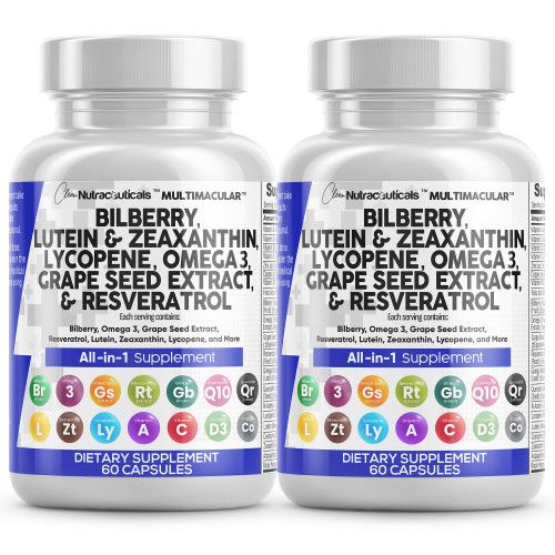 Clean Nutra Eye Vitamins with Bilberry Lutein and Zeaxanthin Supplements Lycopene 40mg Resveratrol Grape Seed Astaxanthin for Eyes - Eye Care Health Support (60 Count (Pack of 2))