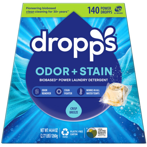 Dropps Odor & Stain Laundry Detergent Pods, Crisp Breeze (140 Count) - Powerful Laundry Pods | Complete Clean Laundry Soap | Fights Odors & Stains | Clean Ingredients | Plastic Free Packaging