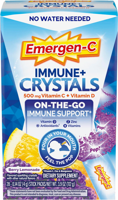 Emergen-C Immune Plus Crystals, On-the-Go Immune Support Supplement with Vitamin C, Vitamin D, B Vitamins, Zinc and Manganese, Berry Lemonade - 28 Stick Packs (Pack of 12)