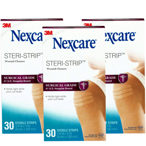 Nexcare Steri-Strip Wound Closure Strips, 3 Pack (90 Count), 1/4 in x 4 in (6 mm x 100 mm), Breathable Hypoallergenic Skin Closures, Latex-Free, First Aid Wound Support After Sutures or Staples