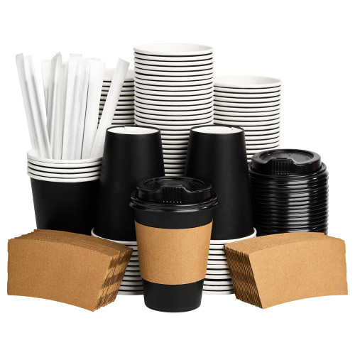 VPACKDUO 12 oz Paper Coffee Cups with Lids, Sleeves and Sticks, 100 Pack