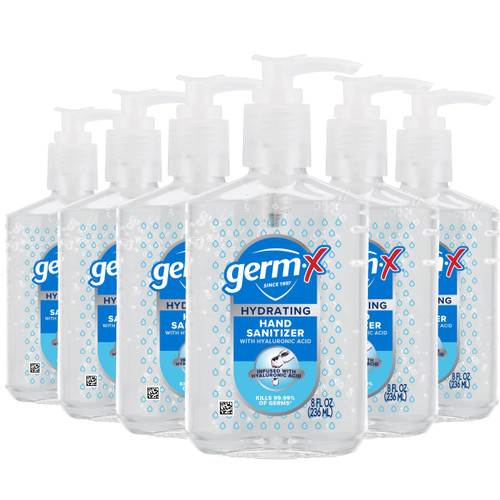 Germ-X Hydrating Hand Sanitizer, with Hyaluronic Acid, 8 FL Oz (Pack of 6), No Rinse Formula, Sanitizing Liquid Gel for All Skin Types, Formulated Without Parabens, Phthalates & Dyes