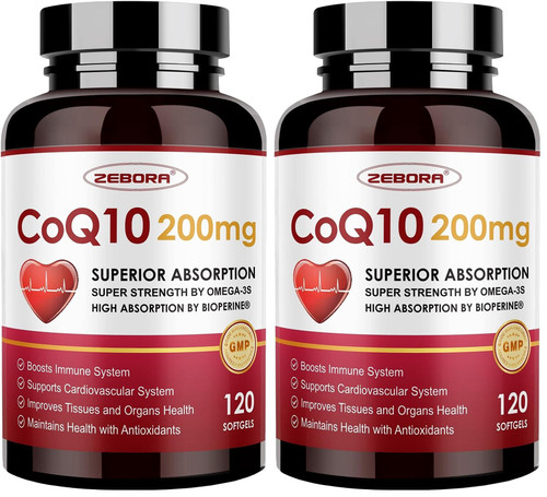 ZEBORA CoQ10-200mg-Softgels with PQQ, BioPerine & Omega-3, 120 Servings Coenzyme Q10(Ubiquinone) Supplement for High-Absorption, Powerful-Antioxidant, Support Heart & Energy-Production (Pack of 2)